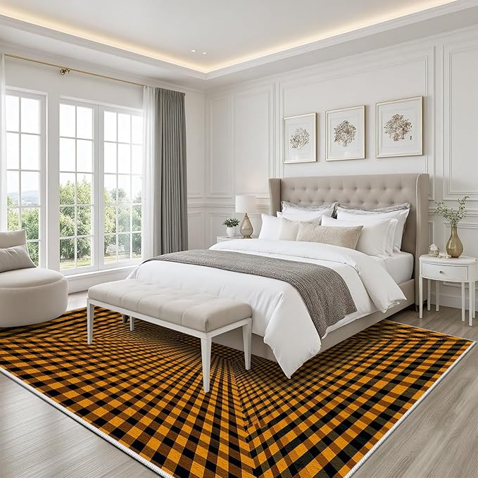 3D Rugs Optical Illusion - Plaid Rug 2x3, Geometric Stripes Soft Neutral Indoor Floor Mats Carpet, Non-Slip Stain Resistant Modern Orange Rug for Bedroom, Living Room Rugs