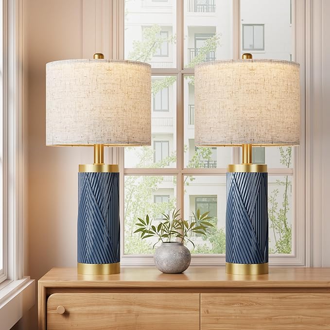 24.5" Modern Ceramic Table Lamp Set of 2 for Living Room, Table Lamps with USB Ports for Bedroom Set of 2， Farmhouse Bedside Nightstand Bedside Lamp End Table Lamps Blue