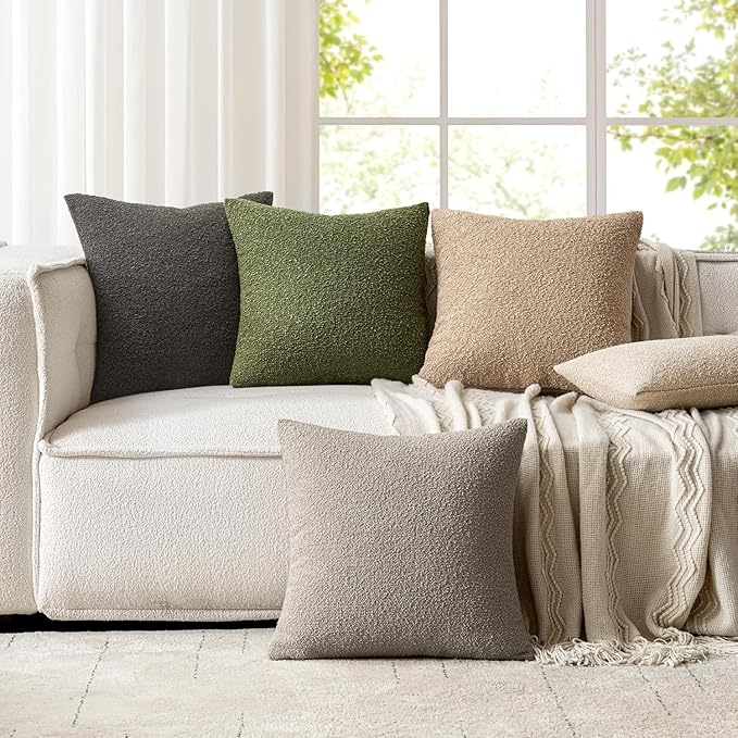 Woaboy Pack of 2 18x18 Inch Decorative Boucle Throw Pillow Covers Textured Square Pillowcaes Accent Solid Cozy Soft Cushion Covers Home Decor for Sofa Couch Living Room Home Decor,Khaki