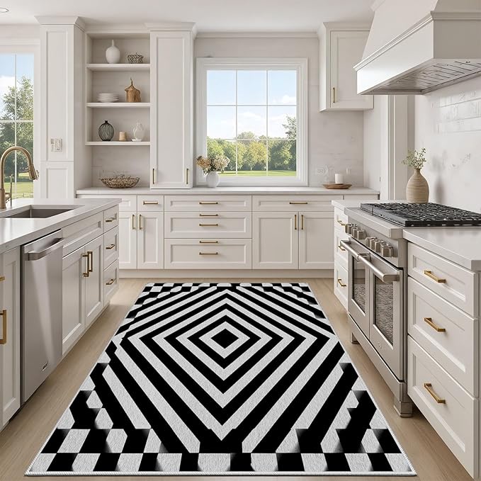 Black and White Rug 4x5, Checkered Soft Thin Indoor Floor Mats Carpet, Non-Slip Stain Resistant Washable Rugs, Modern Rhombus Geometric Rugs for Living Room, Farmhouse Rug