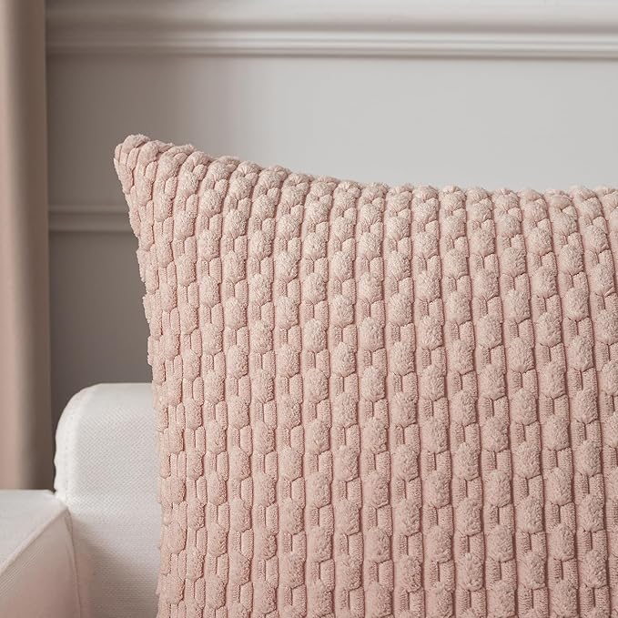 Kevin Textile Pack of 2 Corduroy Decorative Throw Pillow Covers 18x18 Inch Soft Boho Striped Pillow Covers Modern Home Decor Valentines Day Gifts for Spring Sofa Living Room Couch Bed Light Pink