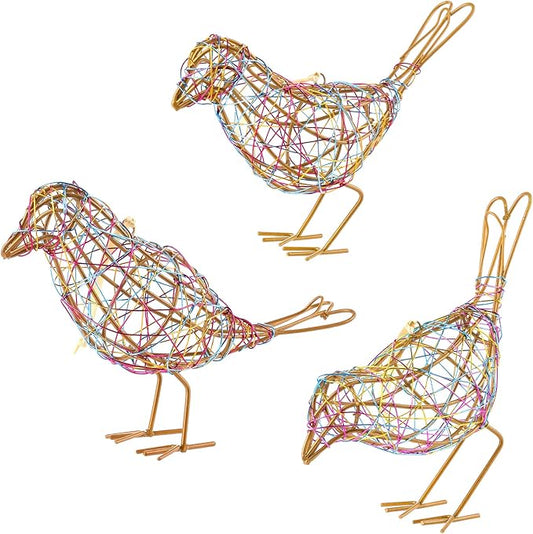 Modern Bird Statue Table Decor Set of 3 - Christmas Ornament - Handmade Metal Bird Sculptures with Colorful Wire Weaving, Multi-Pose Rustic Home Accent