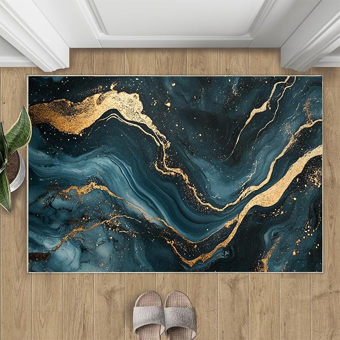 Marble Washable Area Rugs 3x4 Non-Slip Fluid Art Living Room Rug Gold Lines Soft for Carpet Low Pile Indoor Door Mat & Room Decor