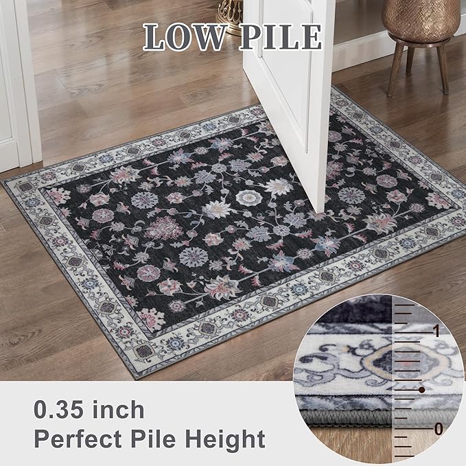 Tangsoo Floral Area Rug 6x9 Machine Washable Rug Non-Slip Vintage Distressed Boho Print, Low Pile Carpet for Living Room, Bedroom, Dining Room, Pet & Child Friendly (Black Red)
