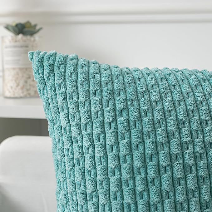 Kevin Textile Throw Pillow Covers Soft Corduroy Decorative Set of 2 Boho Striped Pillow Covers Pillowcases Farmhouse Home Decor for Couch Bed Sofa Living Room 12x20 Inch Aqua Green