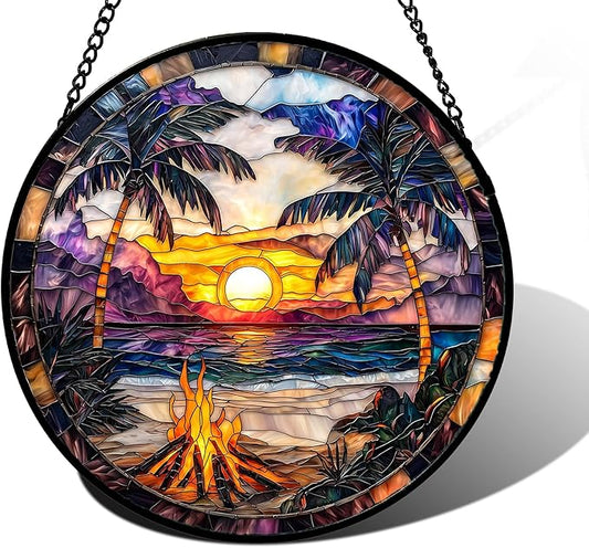 Stained Glass Window Hanging,Bonfire Beach Landscape Suncatcher Diamond Glass Panel Sun Catchers Decor for Birthday for Women, Men, Wife, Aunt, and Mom 7.8 in