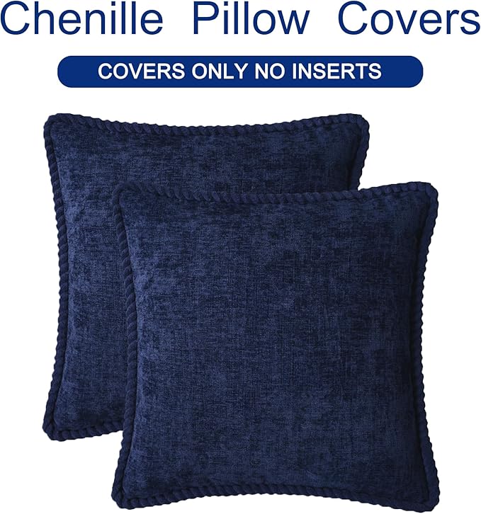 CaliTime Decorative Couch Throw Pillow Covers 18 X 18 Inches Pack of 2 Cozy Chenille Piping Edge Cushion Cases for Sofa Bed Living Room Home Navy Blue