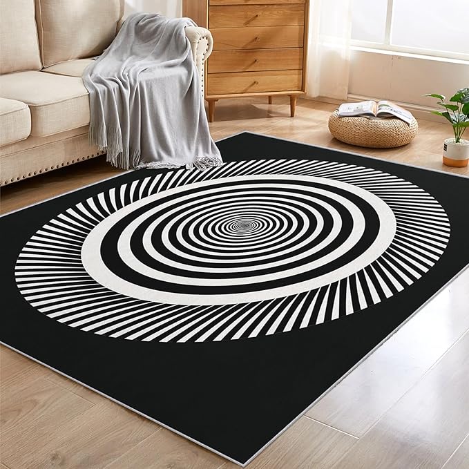 Black and White Circle Rugs for Home Decor, 8x10 ft, Abstract Op Art Area Rugs for Living Room, Soft Non Slip Washable Modern Geometric Carpet Bedroom Decorations Dt-Ghf-31