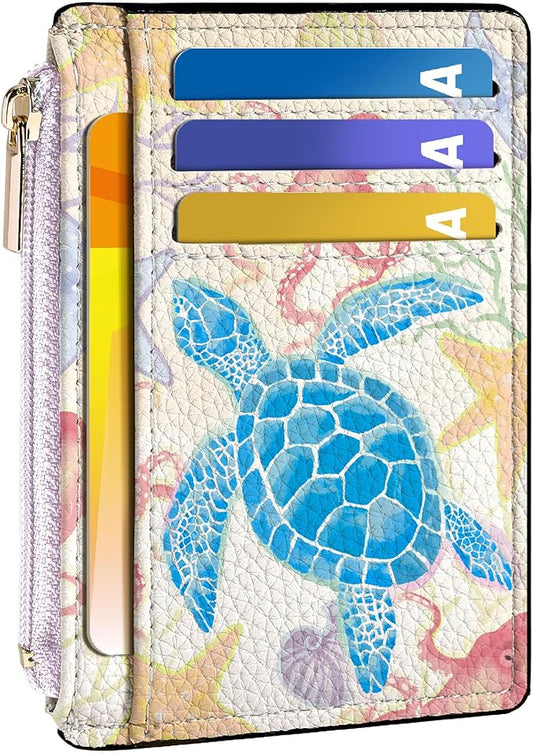 Tipmile Credit Card Holder for Women Slim Minimalist Front Pocket RFID Blocking Wallet Small Compact Card Case with ID Window, Watercolor Turtle