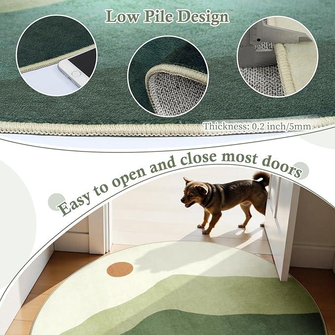 6ft Round Rugs for Living Room,Soft Washable Non-Slip Large Circle Rug,Chic Mountain Low-Pile Circular Bedroom Rug Indoor Round Carpets for Kidsroom/Nursery/Office(Green)