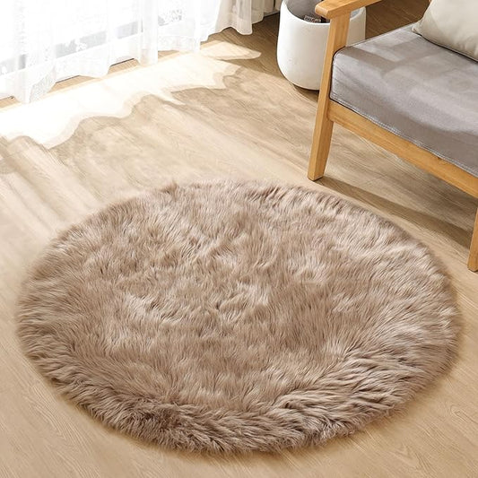 Beige 3ft Round Fluffy Shaggy Rug Washable Soft Area Rug for Living Room Bedroom Cute Room Decor Circle Nursery Rug Faux Fur Carpet