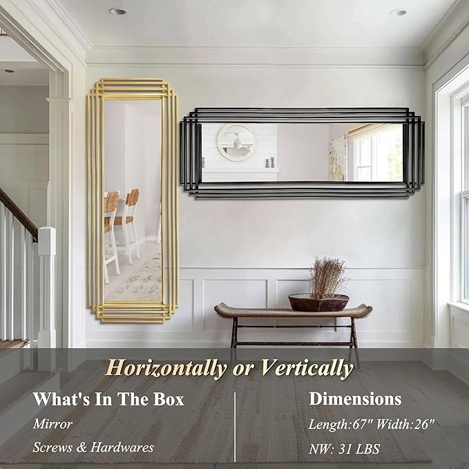 Large Geometric Wall Mirror, 67"x26" Rectangle Full Body Mirror with Metal Frame, Modern Elegant Art Deco Mirrors for Living Room Bedroom Entryway Hallway, Horizontal or Vertical Hanging