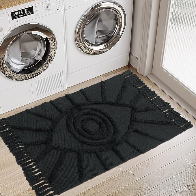 Uphome Boho Bathroom Rug 2'x3' Washable Evil Eye Tufted Entryway Rug with Tassels Soft Cotton Woven Small Rugs Modern Minimalist Dark Gray Throw Rugs for Bedroom Kitchen Doorway Laundry Room