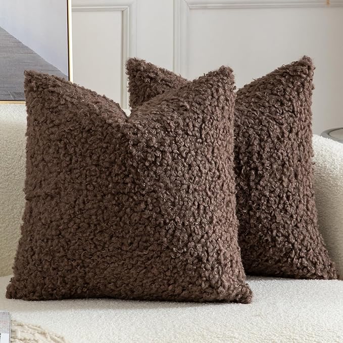 Yaertun Pack of 2 Faux Fur Throw Pillow Covers Decorative Sherpa Boucle Pillow Covers Fuzzy Soft Pillowcases Sheepskin Fleece Cushion Case for Couch Sofa Bed Living Room 24x24 Inch Chocolate