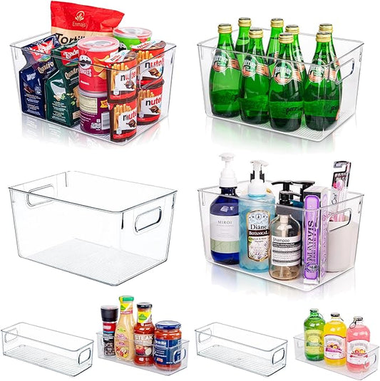 Joymeezo Clear Plastic Storage Bins-8 Pcs Pantry Organizers and Storage Containers with 4 Large (11"x8"x6") and 4 Small Snack Containers, Home Organization for Bathroom, Kitchen, Closet and Office