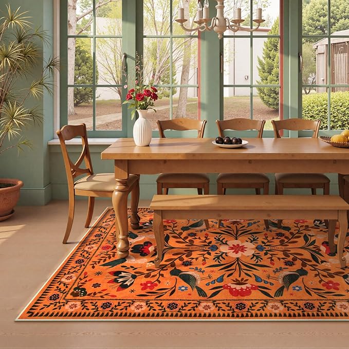 Moynesa Bedroom Rug 5x7, Washable Bohemian Scandinavian Orange Area Rugs for Living Room Dining Room Reading Coner, Modern Country Floral Bird Carpet, Fall Home Decor Non-Slip Protection