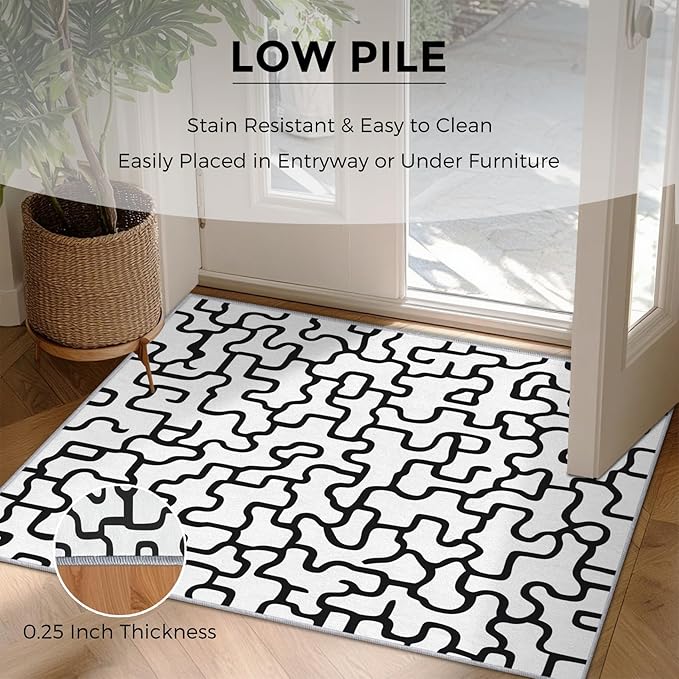 Abstract Geometric Rugs for Entryway, 2x3 ft, Black White Labyrinth Area Rugs for Bedroom Kitchen Entrance, Soft Non Slip Washable Modern Abstract Indoor Door Mat Home Decorations Dt-Ghf-31