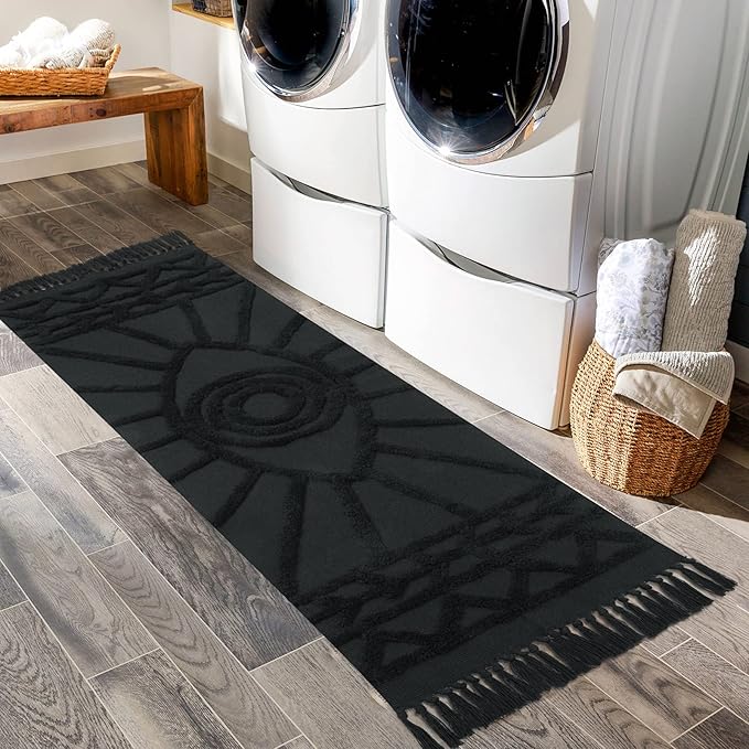 Uphome Hallway Runner Rug 2'x6' Washable Evil Eye Tufted Boho Rug with Tassels Soft Cotton Woven Kitchen Rugs Farmhouse Aesthetic Dark Gray Accent Rug for Living Room Laundry Room Bedroom