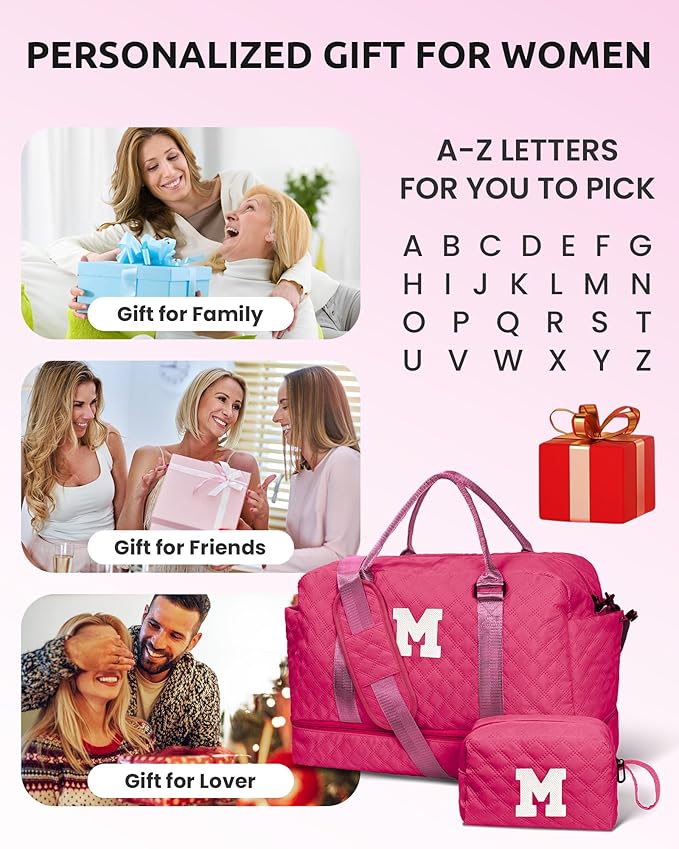 Vogewood Sweet 15 Gifts for Girls-Initial Travel Bag with Shoe Compartment, Personalized Weekender Bag, Monogram Overnight Bag for Women, Letter Travel Bag with Makeup Bag (Letter B)