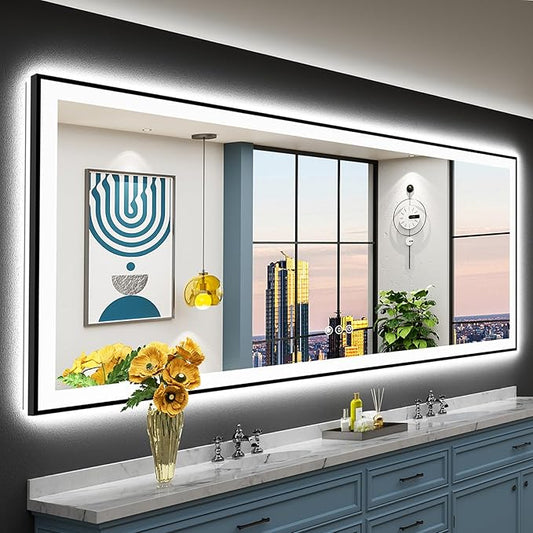 96"x36" Black Framed LED Bathroom Mirror with Lights, Backlit & Front Lit, Anti-Fog Lighted Vanity Mirrors for Bathroom Wall, Dimmable, 3 Colors, Memory, Shatter-Proof, Tempered Glass, CRI＞90