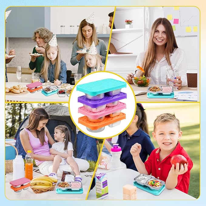 LVQVEV 2 Pack Stainless Steel Snack Containers, 2 Compartment Snack Container with Silicone Lids, Easy Open Leak Proof Reusable Metal Toddler Snack Containers for Daycare (purple, blue)