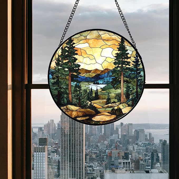 Stained Glass Window Hanging Forest Lake Mountain Sunset 9.8" - Suncatcher Door Garden Sunroom Sun Catcher Home Decor Birthday Christmas for Mom Men Woman Nana Friend