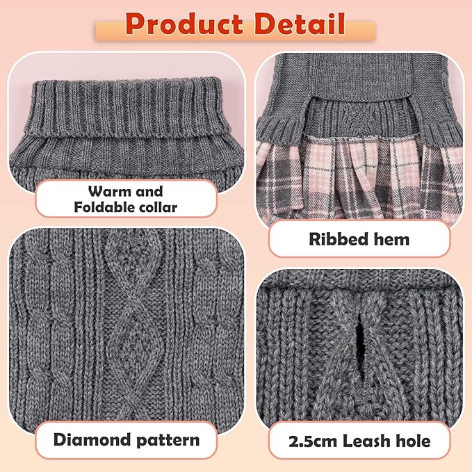 YUDODO Small Dog Sweater Dress with Bowtie Turtleneck - Knitted Pet Girl Dog Winter Clothes - Pet Warm Sweater for Puppy Yorkies, Chihuahua (M Grey)
