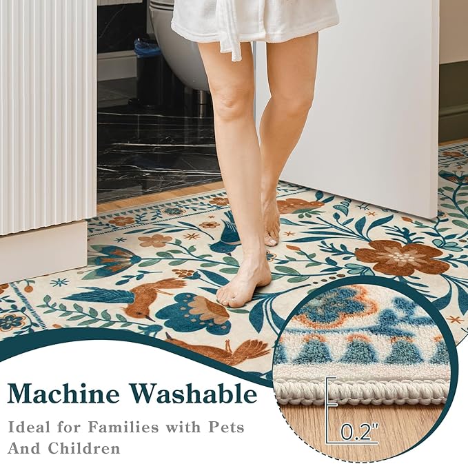 Moynesa 3x5 Entryway Rug Indoor, Modern Bohemian Washable Non-Slip Low Pile Area Rug for Kitchen Bedroom Entry,Lightweight Foldable Farmhouse Floral Bird Print Pattern Carpet Retro Home Decor