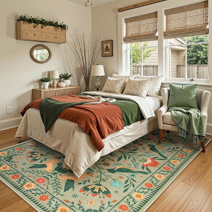 Moynesa Living Room Rug 5x7, Washable Modern Farmhouse Green Area Rugs for Bedroom Dining Room, Country Floral Bird Print Pattern Carpet, Aesthetic Home Decorations Open Floor Areas Protection