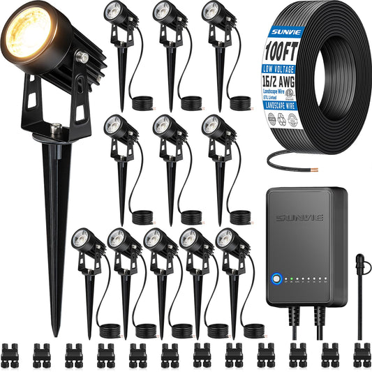 SUNVIE All-in-One LED Landscape Lighting Kit, 12-Pack, 3000K, Black, Model KTWW12SA, Includes Transformer and 100FT Wire