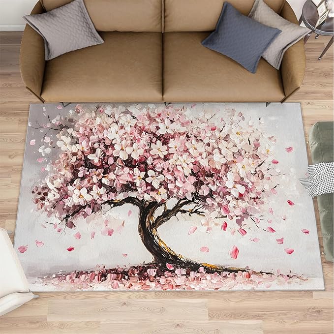 Graffiti Tree Washable Rugs 3x5 Rug for Living Room, Pink Petals 3x5 Rug Oil Painting Art Low-Pile Carpet for Bedroom Dining Non Slip Mat with Rubber Back