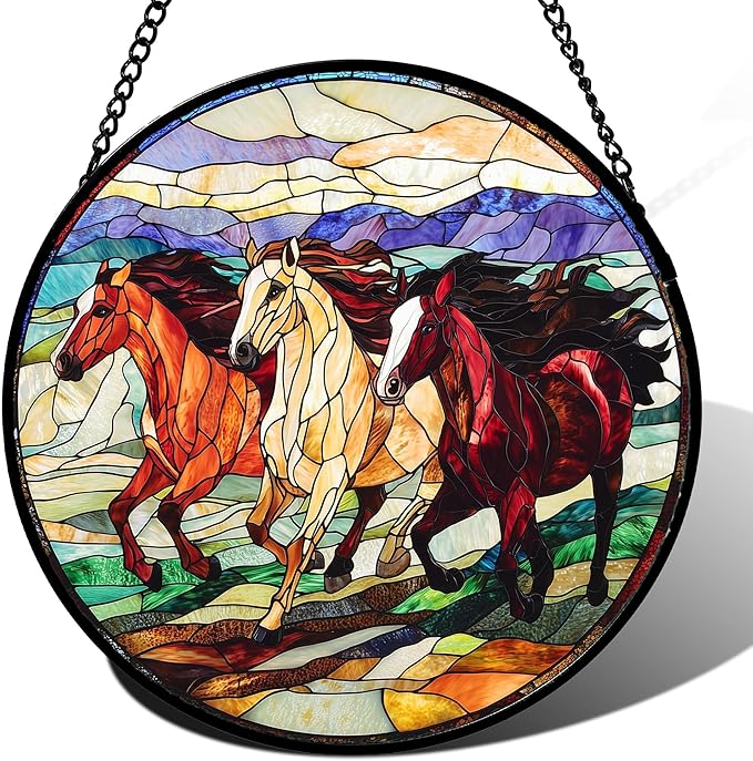 Stained Glass Window Hanging, Galloping Horses Sun Catcher for Door Home Decor Colorful Suncatcher Christmas Mother's Day Birthday Gifts for Women Men Mom and Nana 6.3 in