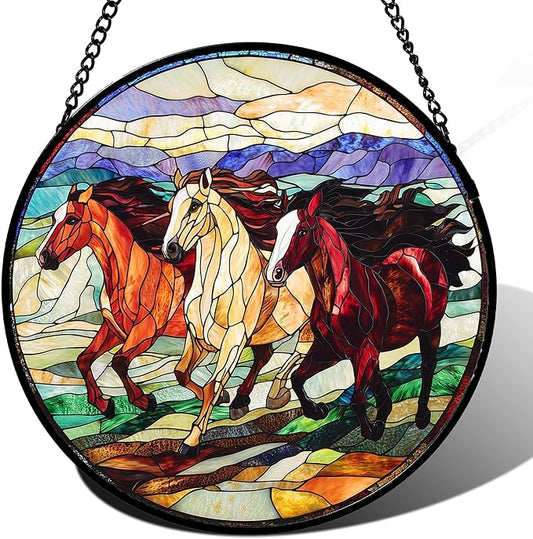 Stained Glass Window Hanging, Galloping Horses Sun Catcher for Door Home Decor Colorful Suncatcher Christmas Mother's Day Birthday Gifts for Women Men Mom and Nana 6.3 in
