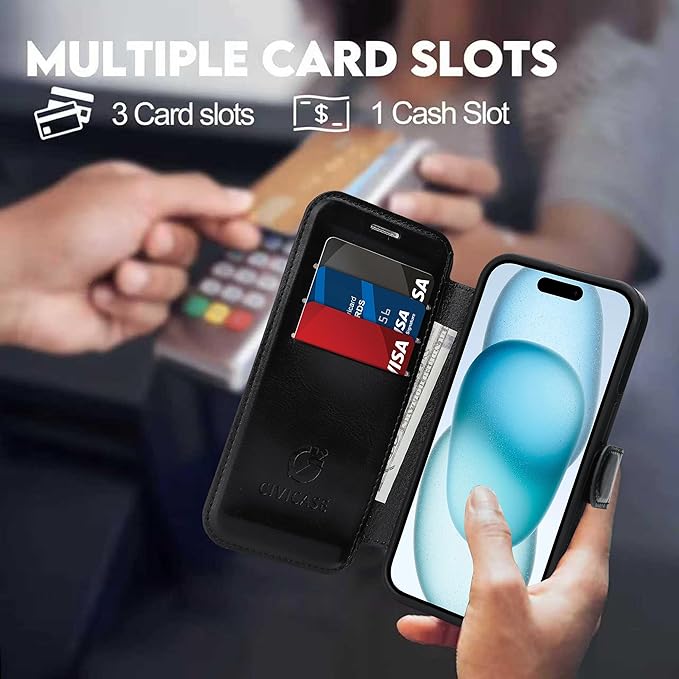 CIVICASE for iPhone 13 Pro Wallet Case with Stand,PU Leather Flip Credit Card Holder Slots (RFID Blocking),Compatible with Magsafe Magnetic Holder Phone Cover Women Men,Black