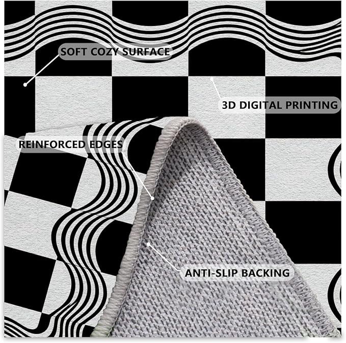 Checkered Area Rug, Checkerboard Rug, Geometric Plaid Washable Rugs 3x4, Modern Checkered Area Rugs, Wavy Line Carpet Non Slip for Bedroom Retro Home Decor Door Mat