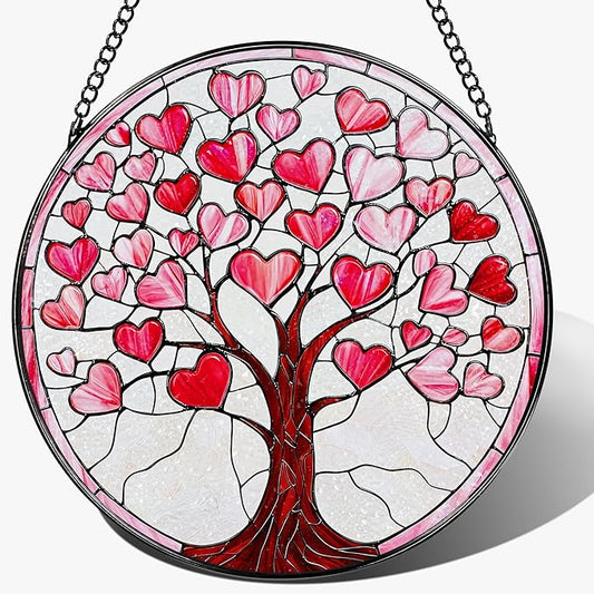 Stained Glass Window Hanging - 8 Inch Love Heart Tree Sun Catcher, Suncatcher Window Decor | Anniversary, Birthday, Christmas, Mother's Day, Valentine’s Day Gifts for Lover, Wife, Girlfriend, Mom