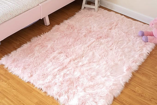 Silky Soft Faux Fur Rug, 3 ft. x 5 ft. Pink Fluffy Rug, Sheepskin Rectangle Shaggy Pink Carpet for Living Room, Bedroom, Kids Room, or Nursery Home Décor Accent Machine Washable with Non-Slip Backing