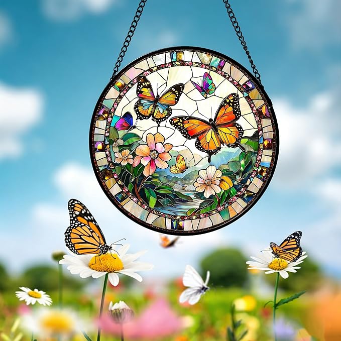 DASTOLL Stained Glass Window Hanging, Butterflies Flying in The Sky Suncatcher for Doors Home Sun Catchers Decoration and Christmas, Mother's Day Birthday Gifts for Women, Men, and Mom 6.3 in