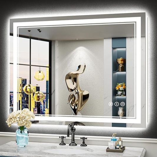 44x36 LED Bathroom Mirror with Lights, Backlit and Front Lit, Anti-Fog Lighted Vanity Mirrors for Bathroom Wall, Dimmable, 3-Color Light, Memory, Shatter-Proof, HD Tempered Glass, CRI＞90