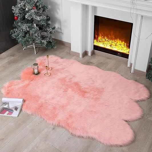 Faux Fur Rug Sheepskin Shag Fluffy Fuzzy Pink 4x6 ft Rugs for Bedroom Bedside Bed Floor Living Room Plush High-Density Cushion Carpet Super Sofa Cover