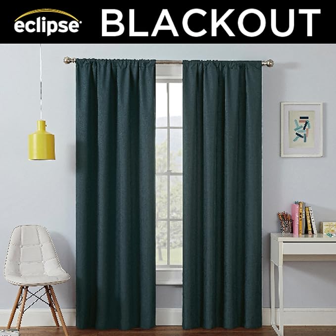 Eclipse Kendall Modern Blackout Thermal Rod Pocket Window Curtain, Insulating & Noise Reducing Curtains for Bedroom or Living Room (1 Panel), 95 in Long x 42 in Wide, Teal