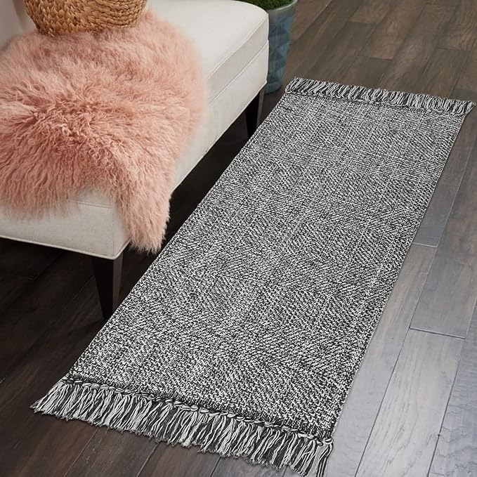 Collive Kitchen Runner Rug, 2' x 4.3' Hand-Woven Reversible Washable Rugs, Grey Cotton Modern Farmhouse Bathroom Mat Hallway Carpet for Foyer Bedroom Entry Back Door Decor