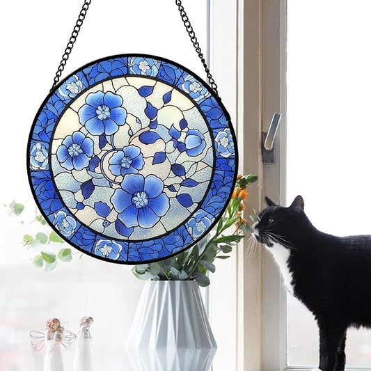 Stained Glass Window Hanging, Blue and White Plum Blossom Sun Catcher for Door Home Decor Flowers Suncatcher Christmas Mother's Day Birthday Gifts for Women Men Mom and Nana 7.8 in