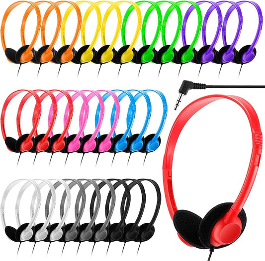 Yunsailing 30 Pack Bulk Headphones Set Over Ear Headphones with Adjustable Headband 3.5mm Plug Headsets Earphones for Learning Program, Computer Lab, Library, Testing & Multimedia Use (Multicolor)