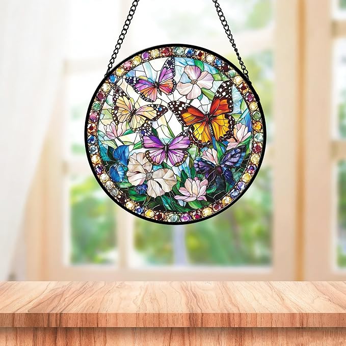 DASTOLL Stained Glass Window Hanging, Colorful Butterfly Suncatcher for Doors Home Sun Catchers Decoration and Christmas, Mother's Day Birthday Gifts for Women, Men, and Mom 9.8 in