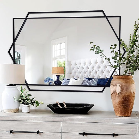Black Decorative Mirror for Wall Decor, 32"x47" Modern Large Living Room Mirror with Hexagon and Rectangular Metal Frame for Bathroom, Entrance, Bedroom, Dining Room