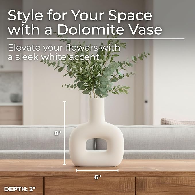 Sagebrook Home Modern Stoneware Vase - Decorative Dolomite Flower Holder - Minimalist Home & Office Accent - Stylish Tabletop Centerpiece for Living Room, Bedroom & Desk Decor - 8" White