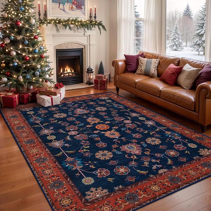 Tangsoo Floral Area Rug 6x9 Machine Washable Red Blue Rug Non-Slip Vintage Distressed Boho Print, Low Pile Carpet for Living Room, Bedroom, Dining Room, Pet & Child Friendly (Red Blue)