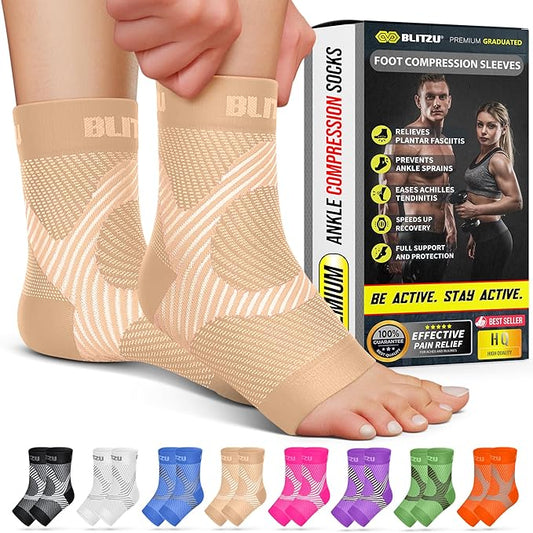 BLITZU Compression Socks for Plantar Fasciitis, Achilles Tendonitis, Arthritis Relief, Ankle Brace Compression Sleeve with Foot Arch Support, Ankle Wrap for Women, Men, Swelling & Heel Pain Nude XXL