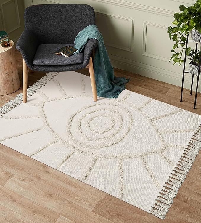 Uphome Boho Area Rug 3'x5' Washable Evil Eye Tufted Bedroom Rug with Tassels Soft Cotton Woven Entryway Rug Modern Minimalist Beige Floor Mats for Home Living Room Kitchen Hallway